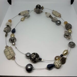 Handmade Beaded Statement Necklace – Neutral & Silver Tones – 20”